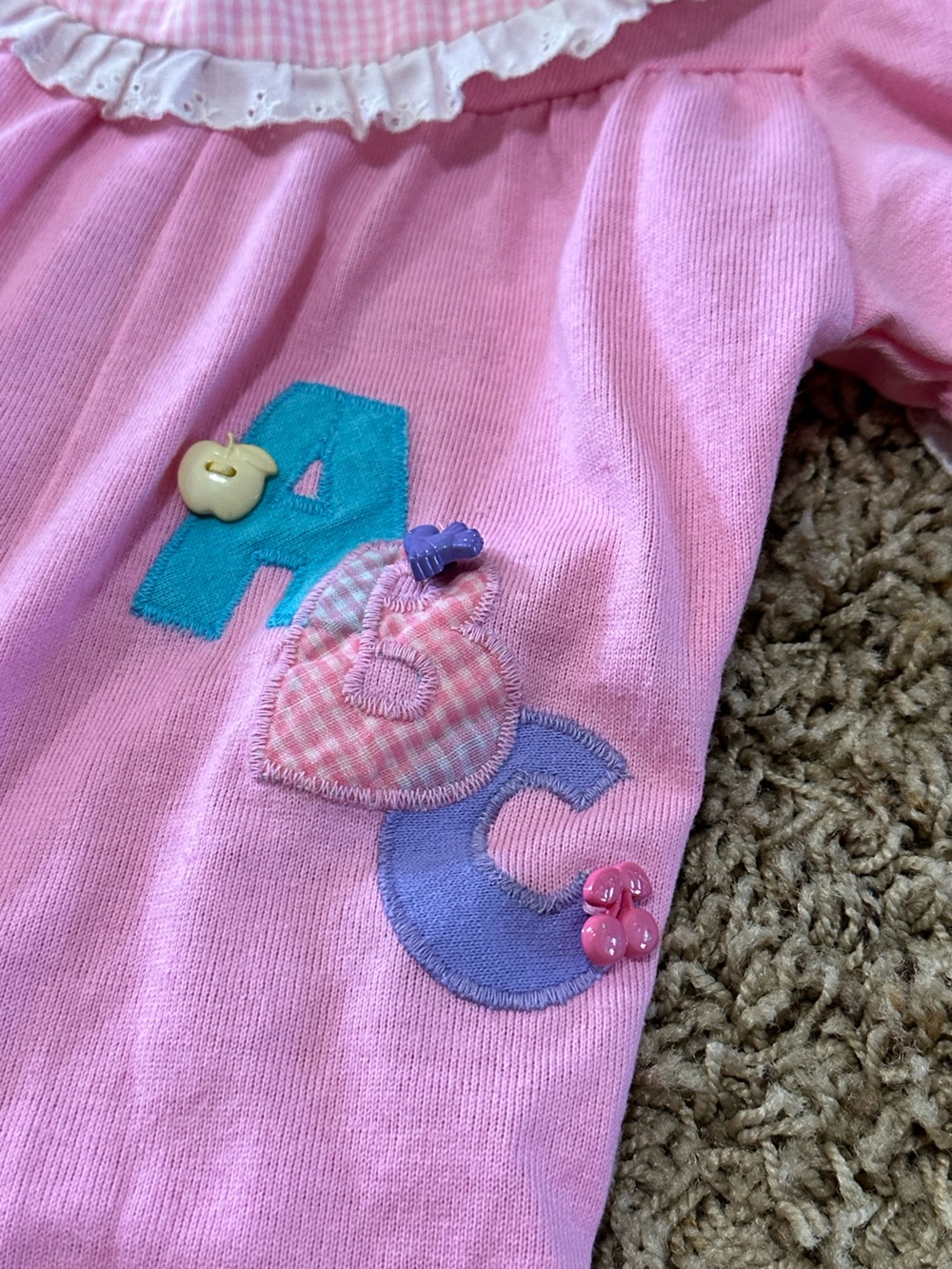 healthtex Pink Ruffle Collar One-Piece Bodysuit with ABC Applique vintage - Picture 2 of 4